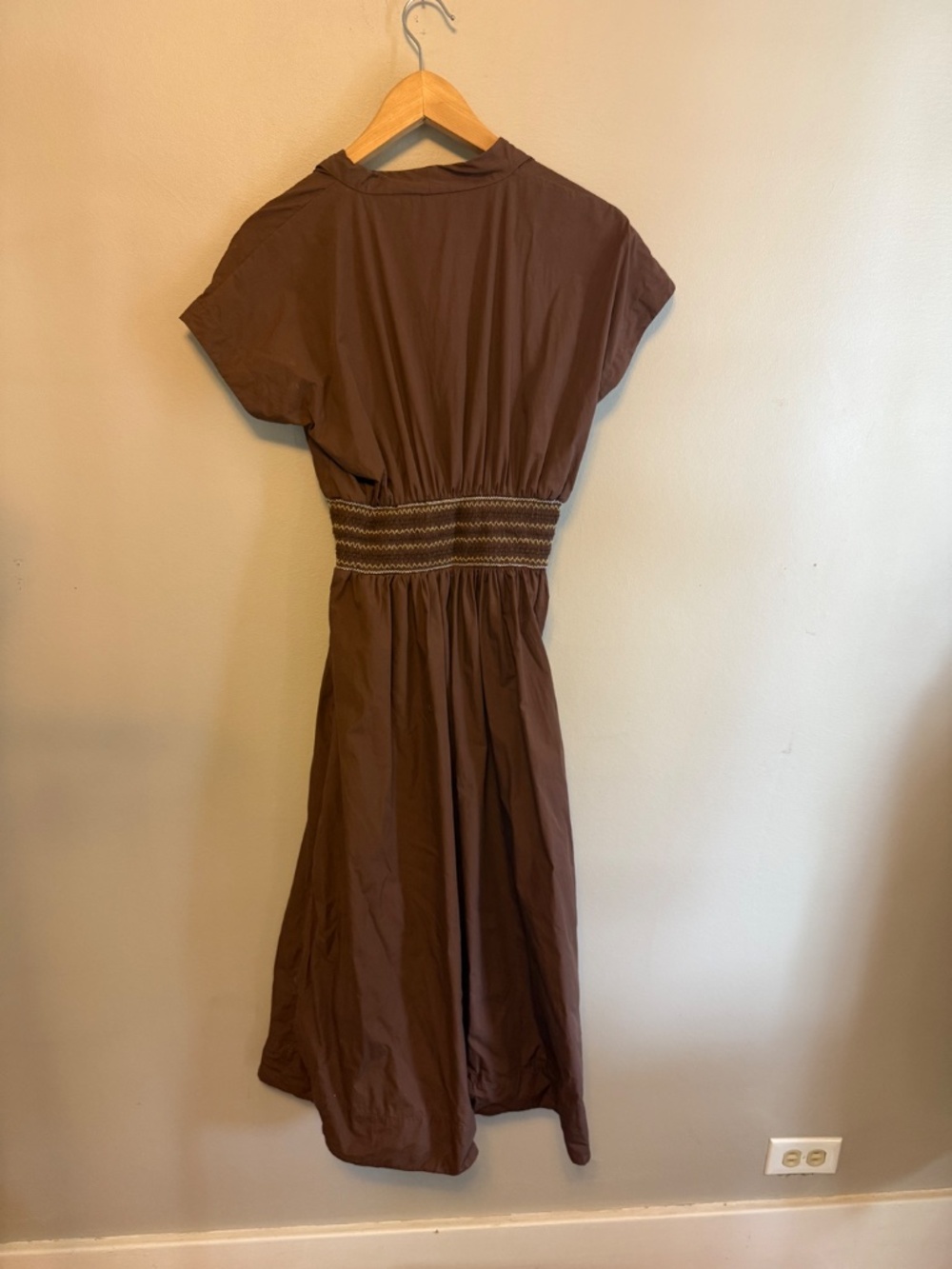 By Anthropologie Smocked Cotton Poplin Midi Dress Brown Size S - Picture 8 of 8